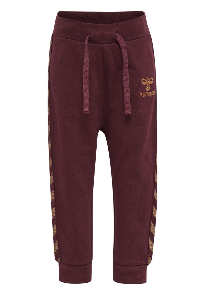 Bordeauxfarbene Jogginghose aus weichem Material, mit einem elastischen Bund, verstellbarem Kordelzug und goldenem Schachmuster an den Seiten.