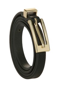 Czarny skórzany pasek o teksturowanym wykończeniu, z metalową klamrą w kolorze złotym i prostokątnym języczkiem. Gładka i solidna konstrukcja.