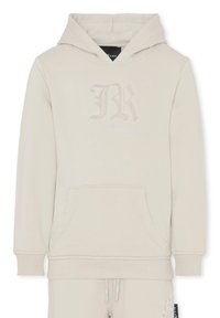 Felpa leggera color beige chiaro realizzata in materiale morbido, con tasca a canguro, polsini a costine e un logo embossato discreto sul petto.