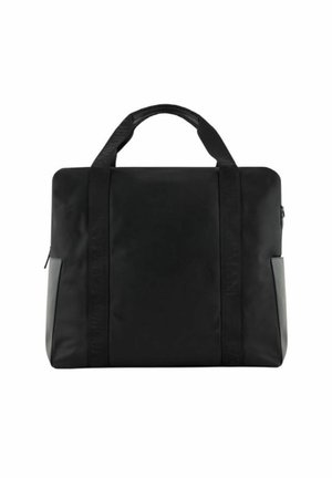Mallette rectangulaire noire avec double poignée supérieure, sangles verticales et poches latérales zippées, conçue pour un usage professionnel ou commercial.
