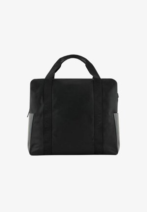 Mallette rectangulaire noire avec double poignée supérieure, sangles verticales et poches latérales zippées, conçue pour un usage professionnel ou commercial.