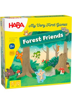 Spieleschachtel mit lebhaftem gelbem Design, Illustrationen von Waldtieren, Bäumen und bunten Pflanzen. Enthält den Titel "Waldfreunde".