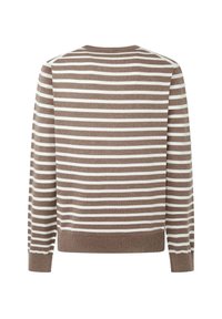 Maglione a righe marroni e bianche, caratterizzato da un collo rotondo, maniche lunghe, polsini e orlo a costine. Materiale a maglia morbido e elasticizzato.