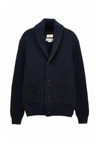 Navyblaue Strickjacke mit einem Schalkragen, braunem Knopfverschluss und zwei aufgesetzten Taschen vorne. Strukturierter Stoff mit Rippenmuster.