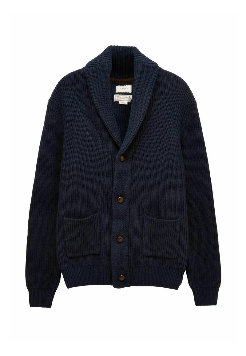 Navyblaue Strickjacke mit einem Schalkragen, braunem Knopfverschluss und zwei aufgesetzten Taschen vorne. Strukturierter Stoff mit Rippenmuster.