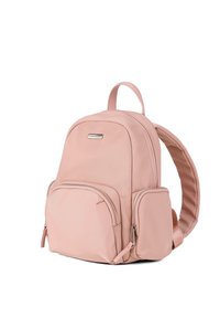 Sac à dos en nylon rose avec deux compartiments zippés, un dessus arrondi, des bretelles rembourrées et une texture lisse et mate.