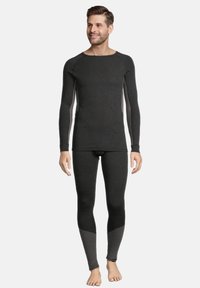 Ensemble de sous-vêtement thermique en gris foncé, comprenant des manches longues et des jambes ajustées. Texture lisse avec des panneaux d'accent en gris clair aux épaules et sur le bas des jambes.