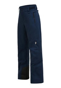 Pantaloni da neve blu navy in tessuto impermeabile con tasca con zip, vita regolabile e dettaglio nero all'orlo.