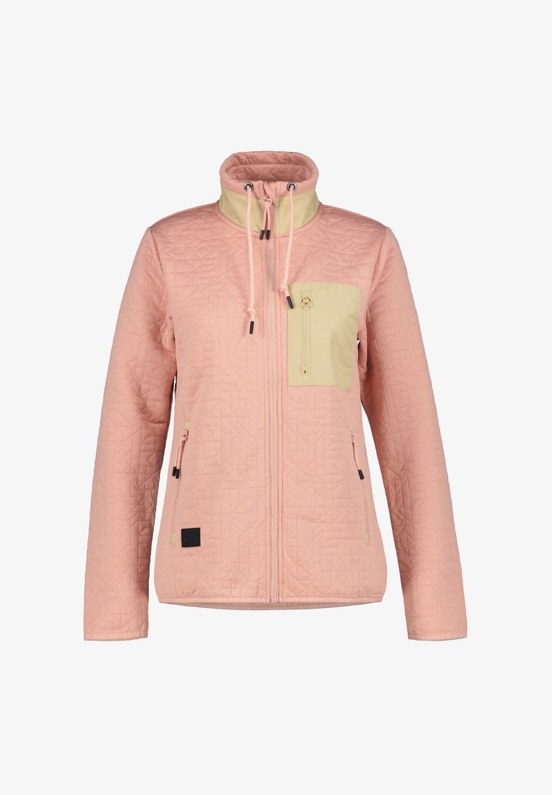 Veste matelassée rose clair avec un col haut, poche d'accent jaune, cordons de serrage et poches latérales zippées ; motif géométrique texturé.