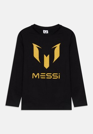 Sort langærmet skjorte med et stort guldfarvet stiliseret "M" logo og ordet "MESSI" trykt nedenunder på forsiden.