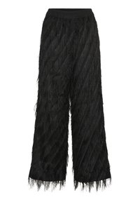Czarne spodnie o szerokich nogawkach z teksturowanym wzorem z frędzli, z elastycznym paskiem w talii i ukośnymi liniami utworzonymi przez warstwowe frędzle.
