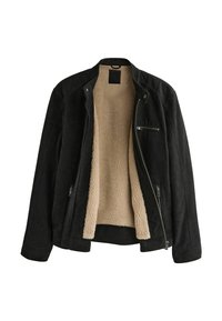 Sort ruskindsjakke med beige faux shearling-foring, lynlåslommer foran og trykknapkrave. Har et rent, strømlinet design.