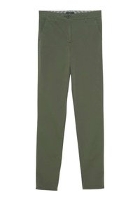 Chinos vert olive avec une coupe slim, dotés de poches avant et d'une texture de tissu lisse. La taille comprend des passants de ceinture pour plus de fonctionnalité.