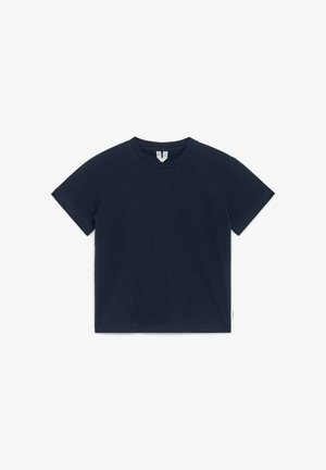 T-shirt bleu marine à manches courtes et col rond, design uni, présenté à plat sur fond blanc.