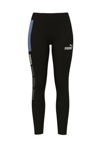 Mustad mustad leggings, mis on valmistatud venivast kangast, külgedel sinise paneeliga, valge Puma logo ja tekstiga vasakul jalal. Sile tekstuur ja lähe vorm.