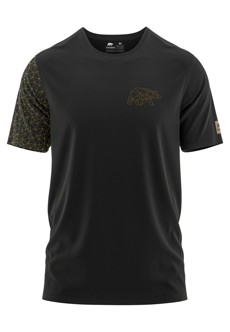 Black short-sleeve T-shirt featuring a geometric bear logo in gold and a patterned left sleeve with triangle accents. Lightweight fabric.