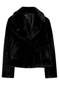 Veste courte en fausse fourrure noire avec col à revers large et manches longues, dotée de poches latérales et d'une texture douce et pelucheuse.