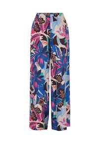 Pantalon large à motifs floraux dans des couleurs vives bleu, rose et marron. Fabriqué dans un tissu léger à texture lisse avec de grands motifs tropicaux.