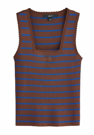 Ärmelloses, geripptes Strickoberteil mit braunen und blauen horizontalen Streifen, eckigem Ausschnitt und gewelltem Abschluss an Hals und Armlöchern.