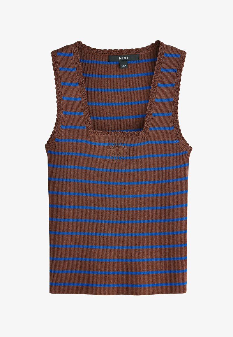 Haut sans manches en maille côtelée avec des rayures horizontales marron et bleues, encolure carrée et bordure festonnée autour du col et des emmanchures.