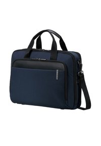 Borsa per laptop in tessuto blu navy con doppi manici superiori, tracolla rimovibile, tasca frontale e dettagli neri. Chiusura a zip con cuciture resistenti.