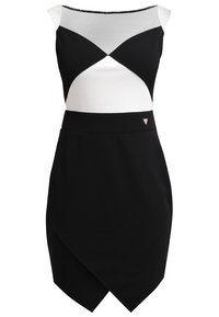 Robe sans manches noire et blanche avec un col bateau, motif de blocs de couleur géométriques sur le haut, et une jupe asymétrique noire avec un petit logo en métal.