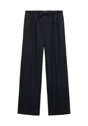 Pantaloni neri a gamba larga con cintura regolabile. Realizzati in un tessuto leggero, presentano una texture liscia e orli rifiniti.