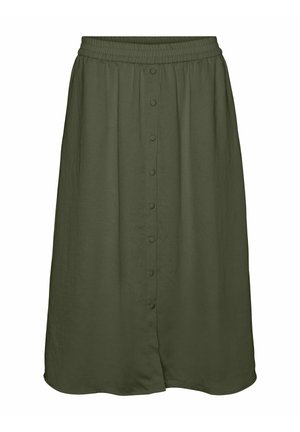 Groene midi-jurk met een elastische tailleband, voorzien van een knoopsluiting aan de voorkant en een gladde textuur, ontworpen voor een ontspannen pasvorm.