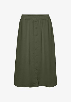 Žalias midi sijonas su elastine juosta, turintis mygtukų užsegimą priekyje ir lygaus paviršiaus, sukurtas patogiam pritaikymui.