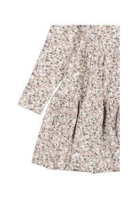 Kvetinové šaty s dlhými rukávmi, s jemným pozadím a vzorom ružových a čiernych kvetov, s plisovanou sukňou, vyrobené z mäkkej látky.