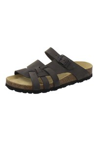 Brown leather slide sandal with cross-straps, adjustable buckle, cork footbed, and textured black rubber outsole.