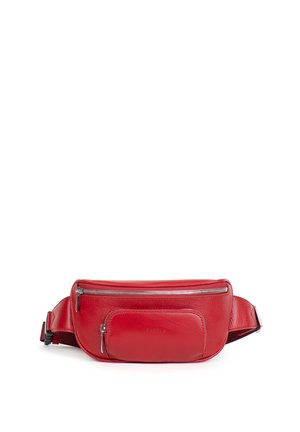 Banane en cuir rouge avec deux compartiments zippés et une sangle réglable, conçue pour un port mains libres.