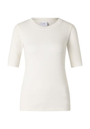 Weißes, kurzärmeliges, eng anliegendes T-Shirt mit Rundhalsausschnitt und kleinem Logo nahe dem unteren Saum auf der Vorderseite rechts.