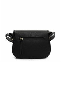 Schwarze Leder-Crossbody-Tasche mit strukturierter Oberfläche, ausgestattet mit einer Fronttasche mit Reißverschluss, goldenen Beschlägen und verstellbaren Trägern. Kompakte rechteckige Form.