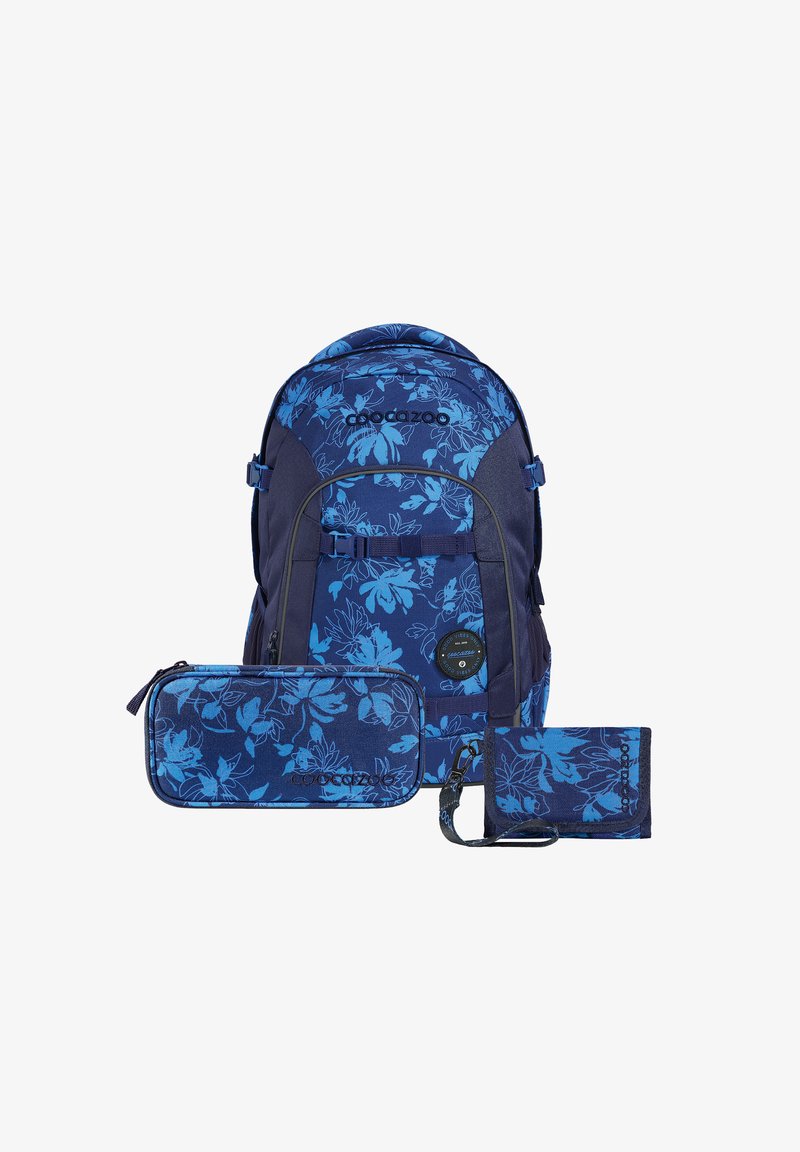 Blue backpack, pencil case, and wallet with light blue floral pattern and black brand logos arranged on white background.
