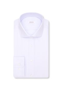 Camicia bianca piegata con colletto a punta larga e polsini abbottonati, con etichetta "seidensticker".