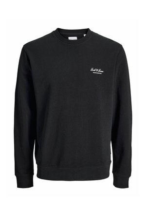 Sort crewneck sweatshirt lavet af bomuld med lange ærmer og en lille hvid logo på brystet. Simpelt, ensfarvet design.