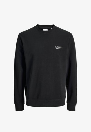 Must puuvillane ümmarguse kaelusega dressipluus, millel on pikad varrukad ja väike valge logo rinnal. Lihtne, ühevärviline disain.