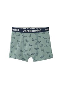 Children's light blue boxer briefs with dark blue shark illustrations and a navy waistband featuring the "vertbaudet" logo in white.