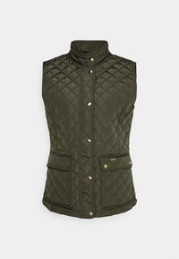 Olivgrön kviltad väst med hög krage, framknäppning med tryckknappar och två framfickor. Strukturerat diamantmönster över hela.