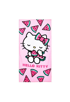 Hello Kitty hält eine Melonenscheibe mit geschlossenen Augen, umgeben von Melonenscheiben auf einem rosa Hintergrund mit dem Text „HELLO KITTY“.
