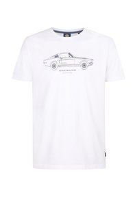 Hvid bomulds T-shirt med rund halsudskæring, prydet med en sort linjetegning af en bil og teksten "PETROL INDUSTRIES" nedenfor grafikken.