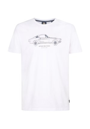 T-shirt en coton blanc avec un col rond, présentant un dessin au trait noir d'une voiture et le texte "PETROL INDUSTRIES" en dessous du graphique.