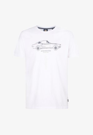 White cotton t-shirt with a round neckline, featuring a black line drawing of a car and the text "PETROL INDUSTRIES" below the graphic.