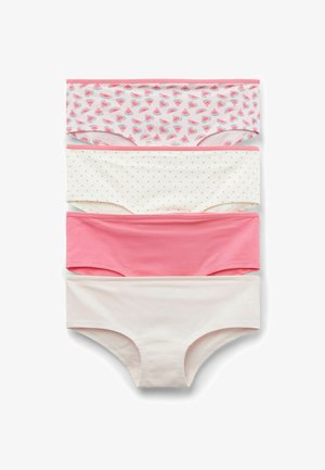 Quatre paires de sous-vêtements féminins : la première a un motif de pastèque rose et blanche ; la deuxième est blanche avec des pois roses ; les autres sont de couleur unie rose et crème.