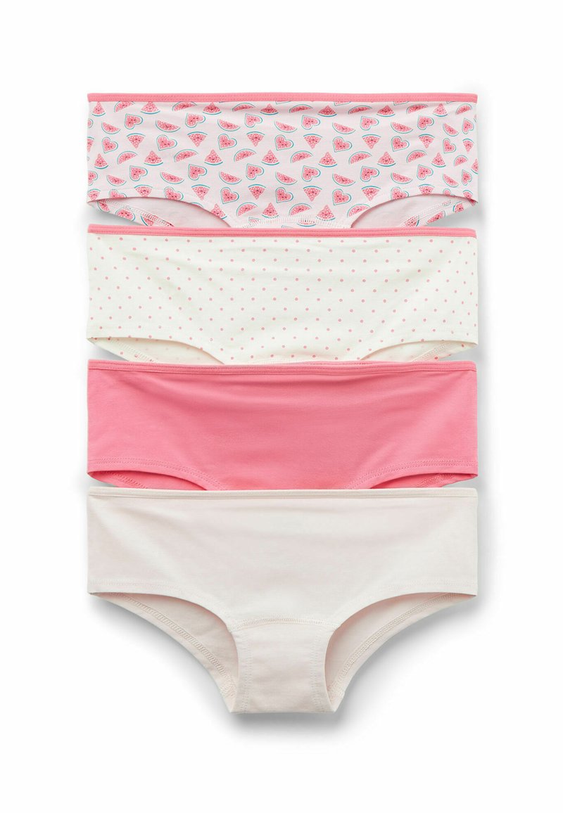 Vier Paare Damenunterwäsche: Das erste hat ein rosa-weißes Melonenmuster; das zweite ist weiß mit rosa Punkten; die anderen sind einfarbig rosa und creme.