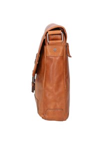 Borsa a tracolla in pelle tan con forma strutturata, tracolla regolabile e hardware in tonalità argento. Dettaglio di cuciture visibili sui lati.