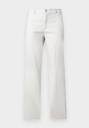 Light gray trousers with a straight-leg design, made from a smooth fabric, featuring a front button closure and side pockets.