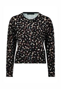 Czarny i brązowy kardigan w panterkę z długimi rękawami, okrągłym dekoltem i prążkowanym wykończeniem. Zapięcie na guziki z przodu, miękka dzianina.