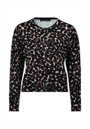 Cardigan à imprimé léopard noir et marron avec des manches longues, un col rond et un ourlet côtelé. Fermeture à boutons sur le devant, en tissu tricot doux.